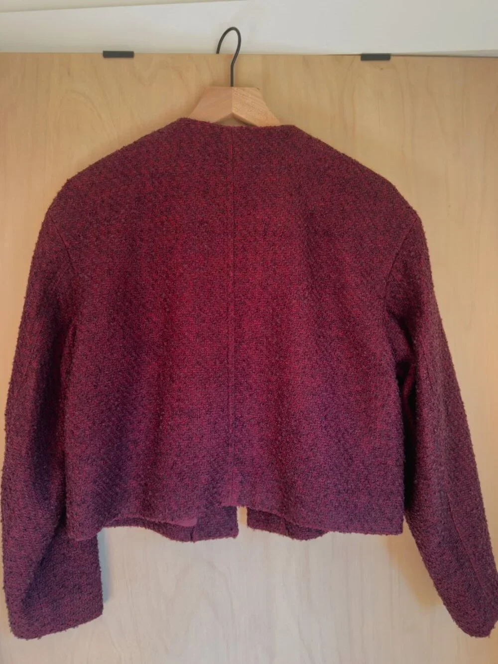 Tweed Collarless Jacket in dark pomegranate